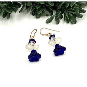 Handcrafted Glass Blue and Clear Angel Drop Earrings With Gold Hooks